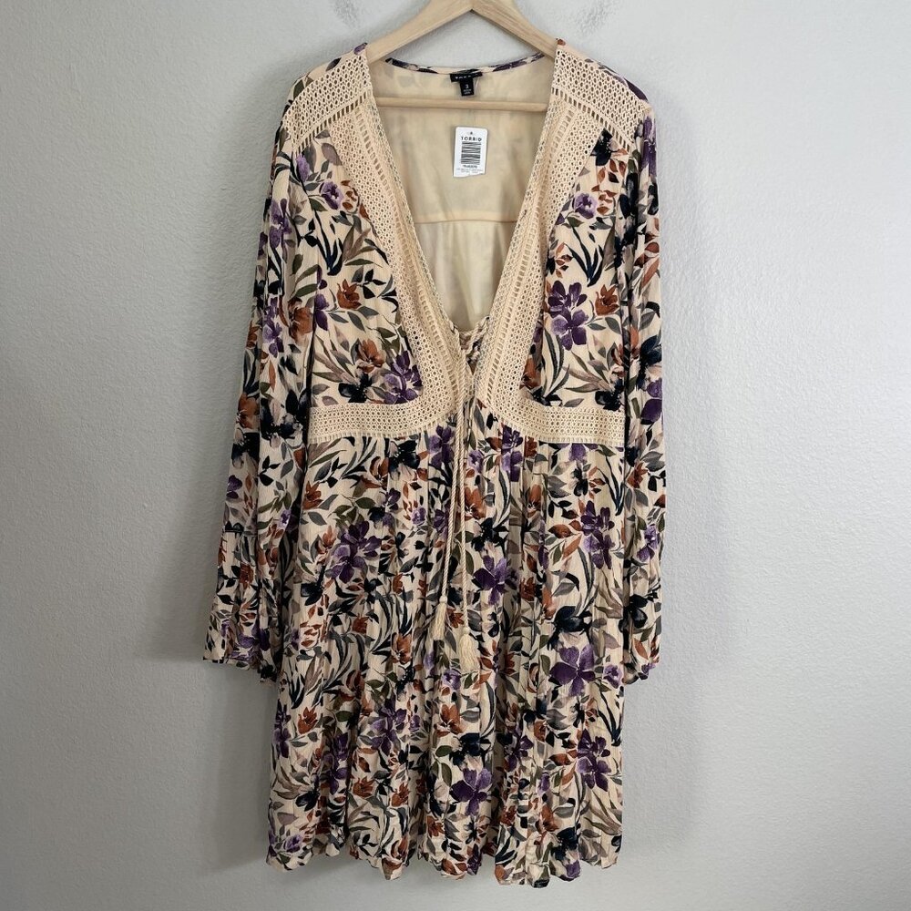 Torrid Dress Womens‎ 3X Beige Floral Lace Up Gauze Boho Long Sleeve Plus V Neck